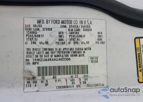 2004 Ford Explorer Eddie Bauer from USA, damaged, VIN 1FMZU64K44UA02306